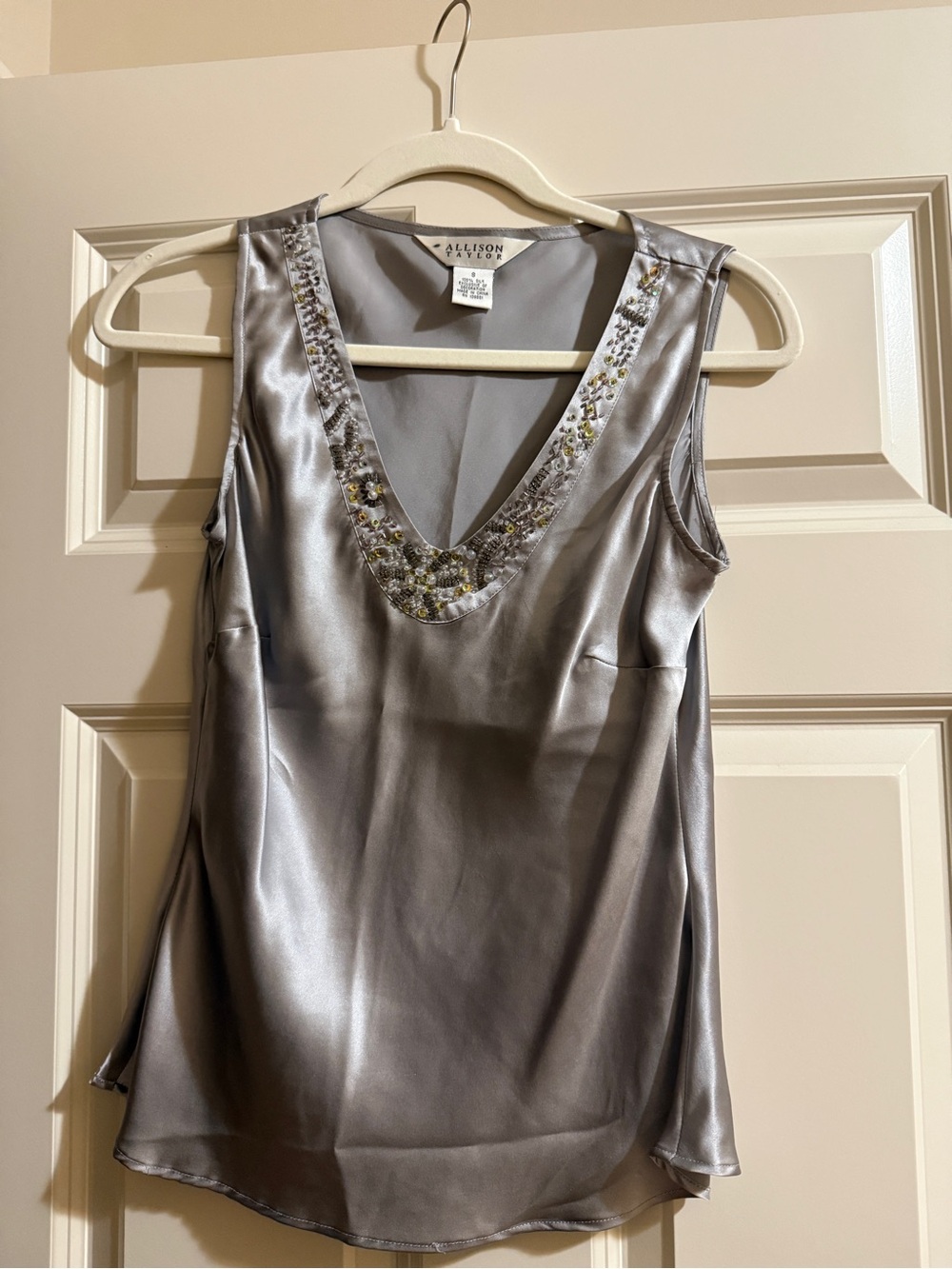Allison Taylor Silver Satin Beaded V-Neck Tank Top